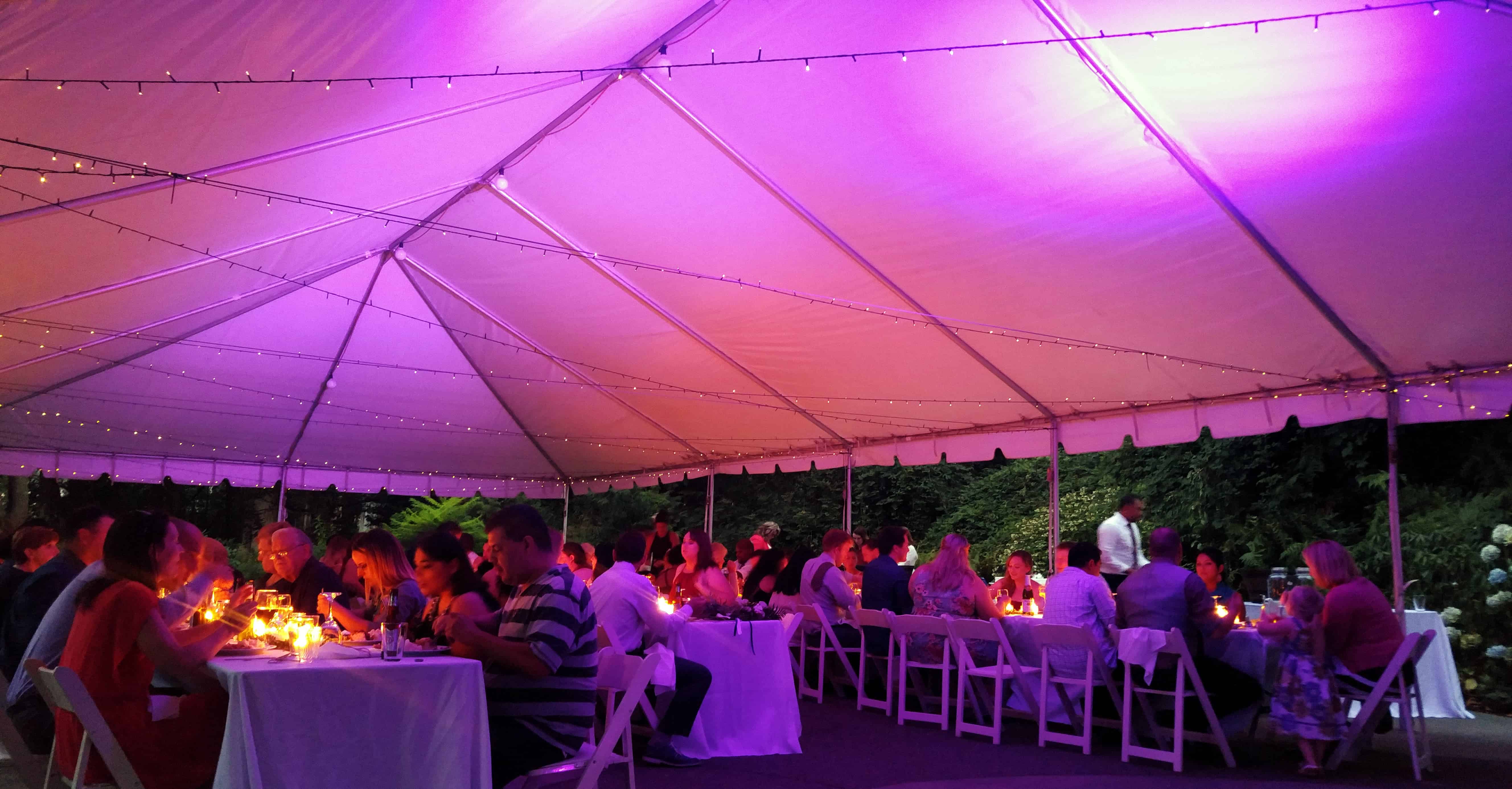 A picture of a reception under a tent with purple lighting.